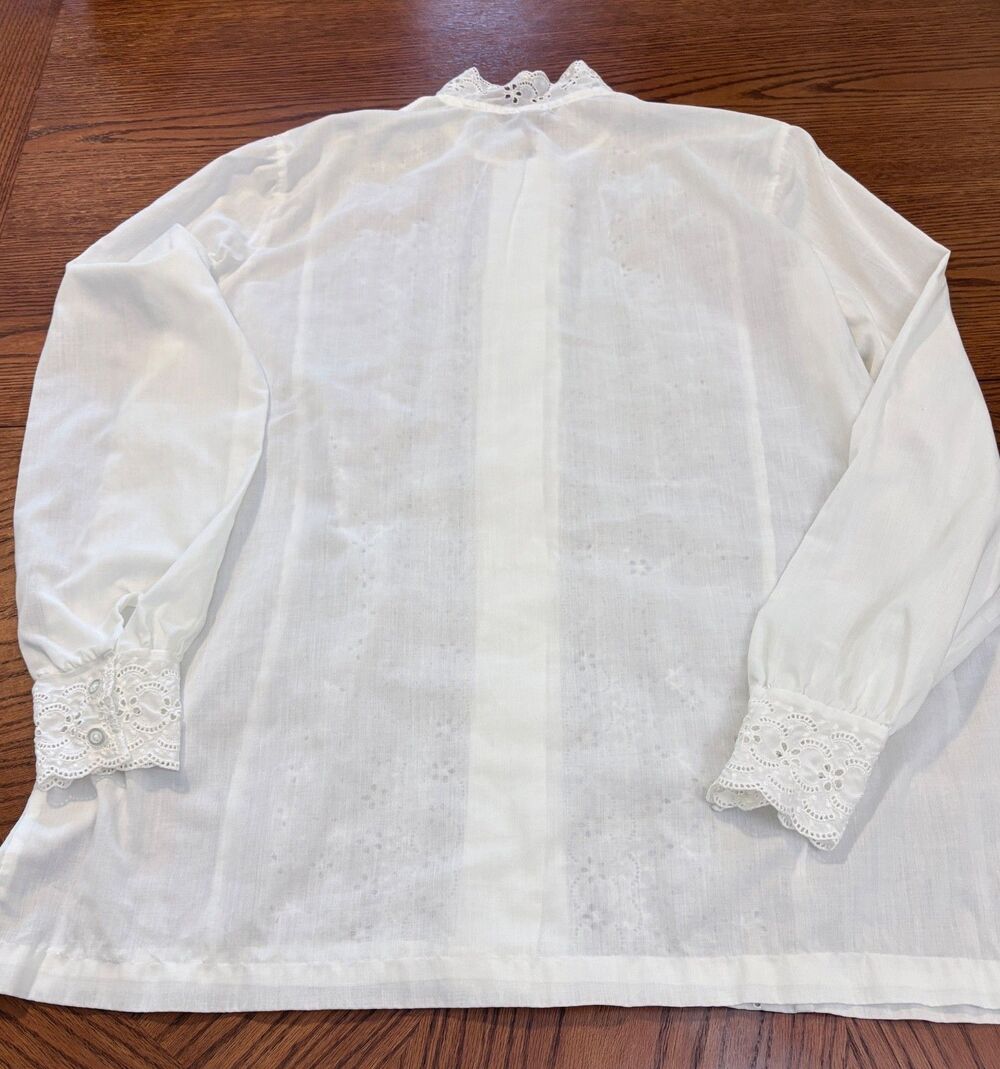 Vintage High Neck White Eyelet Blouse - Size 16 - Long-Line Tall Friendly 29" L